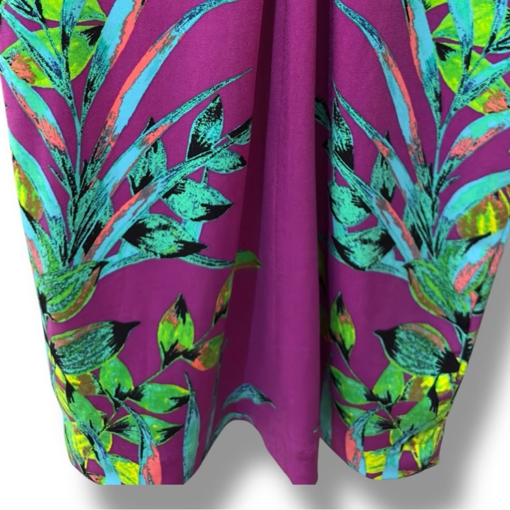 515 Nicole Miller | NWOT Magenta Tropical Leaf Print Sheath Midi Dress (Sz S) - Picture 10 of 17